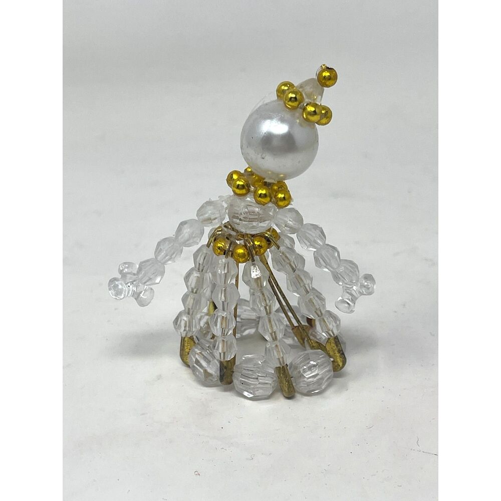 VINTAGE HANDMADE Beaded SAFETY PIN PIECES GOLD & White DOLL LADY ORNAMENT